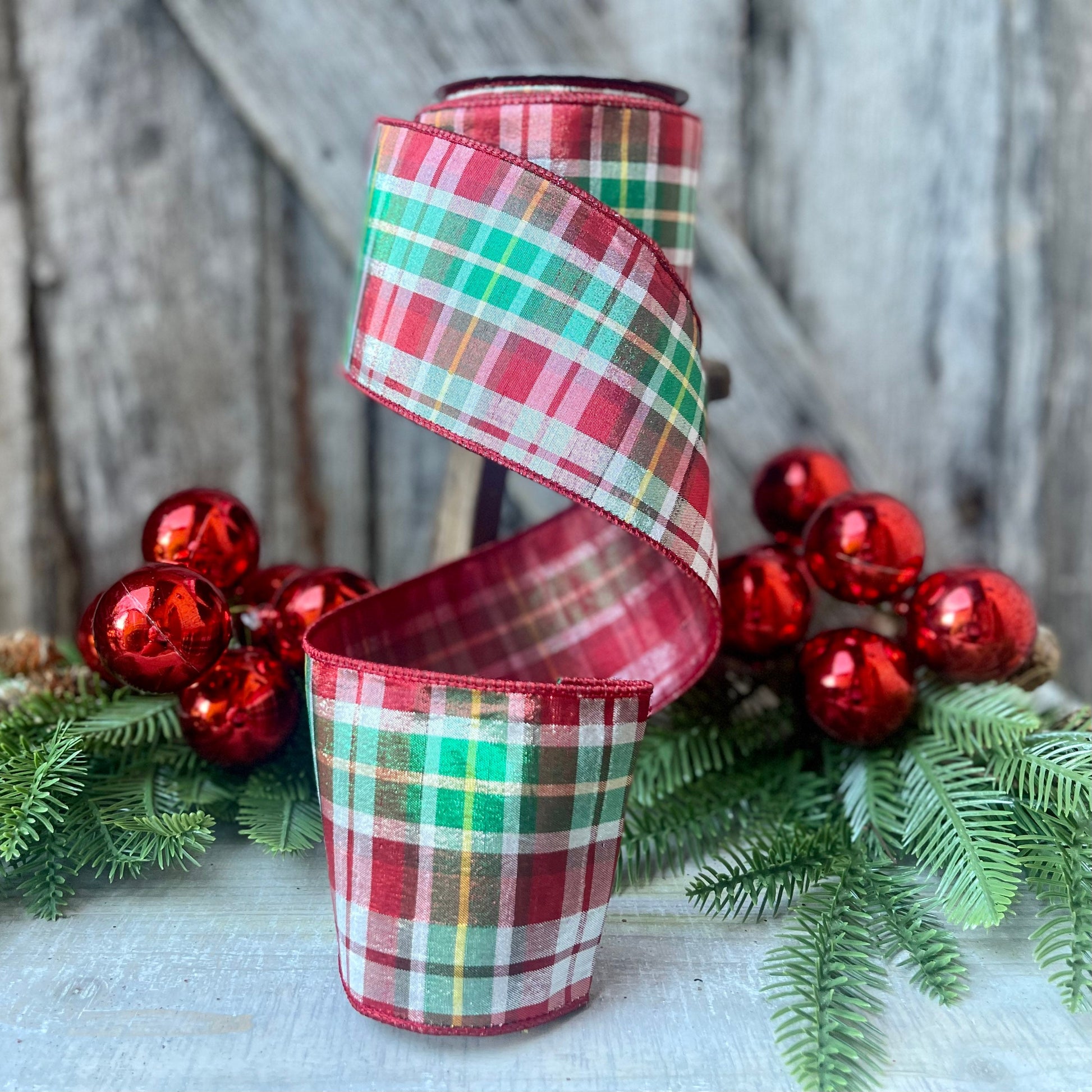 4" Christmas Red Green Candy Plaid Ribbon, Farrisilk Ribbon, Christmas Tree Ribbon