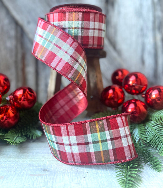 2.5" Christmas Red Green Candy Plaid Ribbon, Farrisilk Ribbon