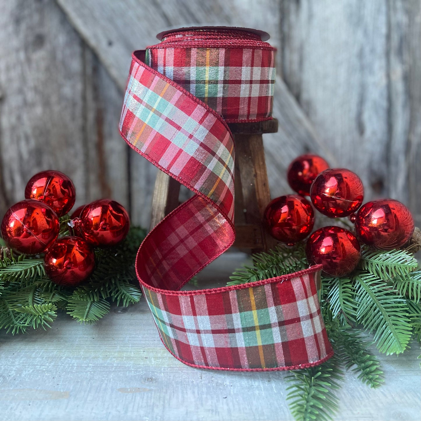 2.5" Christmas Red Green Candy Plaid Ribbon, Farrisilk Ribbon, Christmas Tree Ribbon