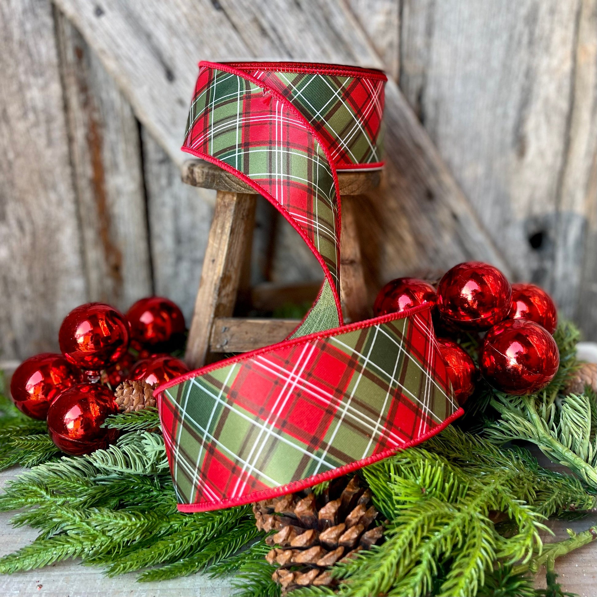 2.5" Red Green Plaid Ribbon, Farrisilk Ribbon, Scotty Dog Plaid, Christmas Plaid Ribbon, Christmas Tree Ribbon, designer ribbon, RA992-48