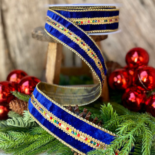 Royal Blue Velvet Jeweled Ribbon, Mutli colored Jeweled Ribbon