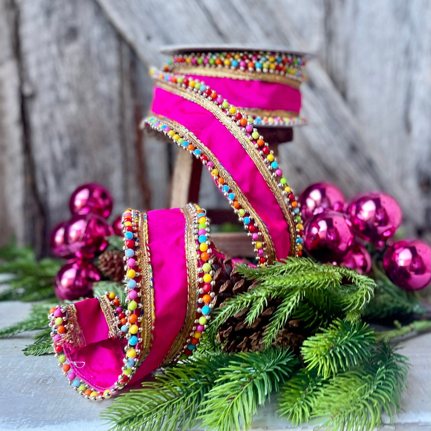 Hot Pink Beaded Christmas Candy Ribbon, Wired ribbon