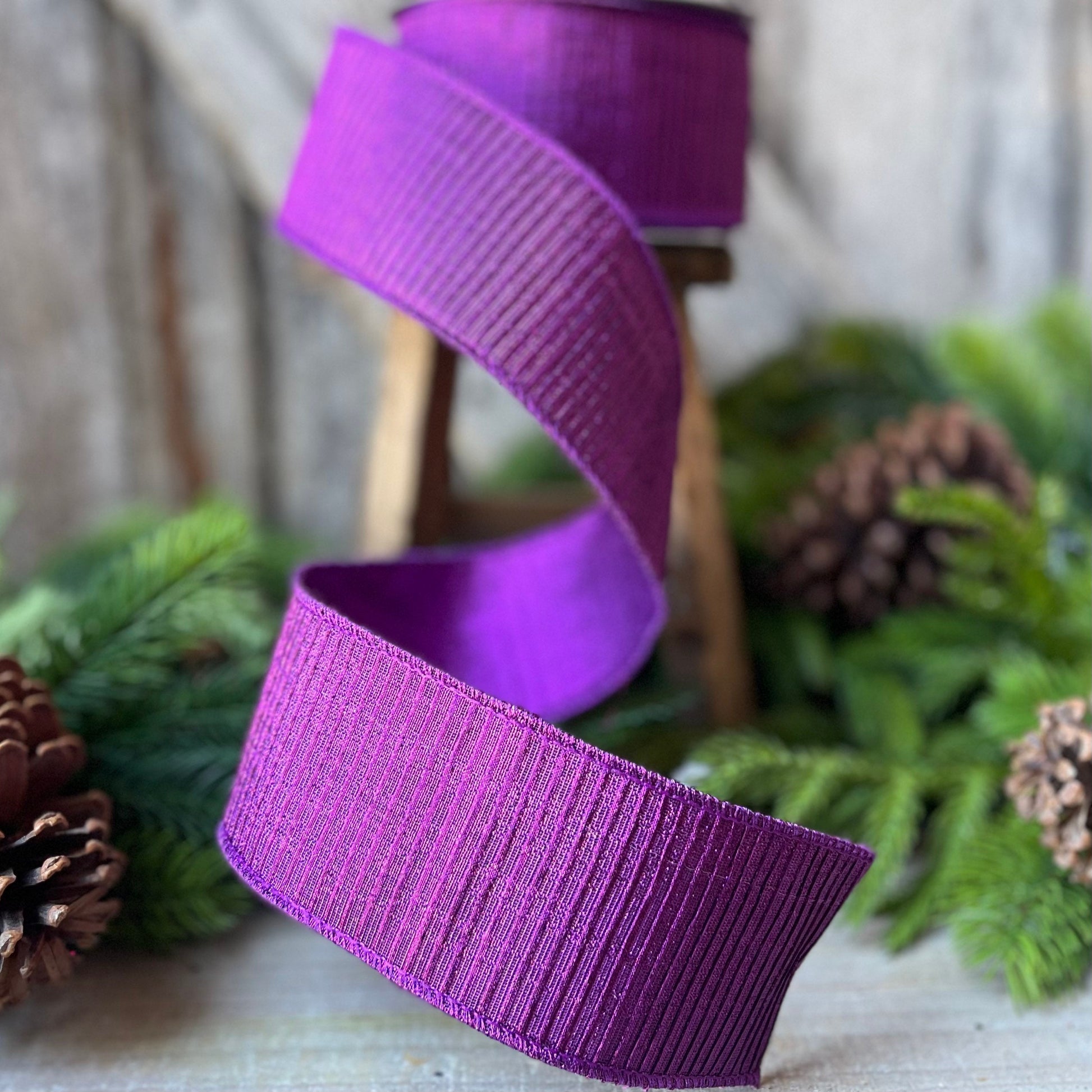 2.5" Purple Pleated Metallic Wired Ribbon, Farrisilk Ribbon, Purple Wired RIbbon