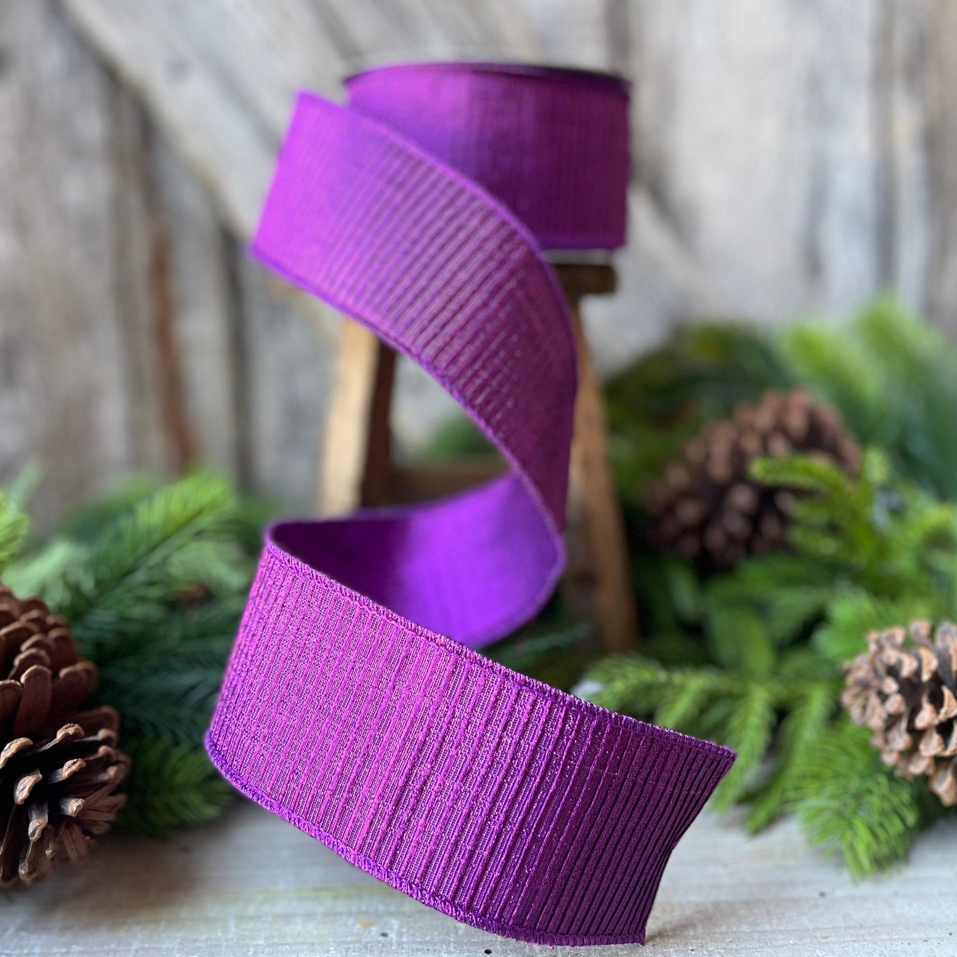 2.5" Purple Pleated Metallic Wired Ribbon, Farrisilk Ribbon, Purple Wired RIbbon