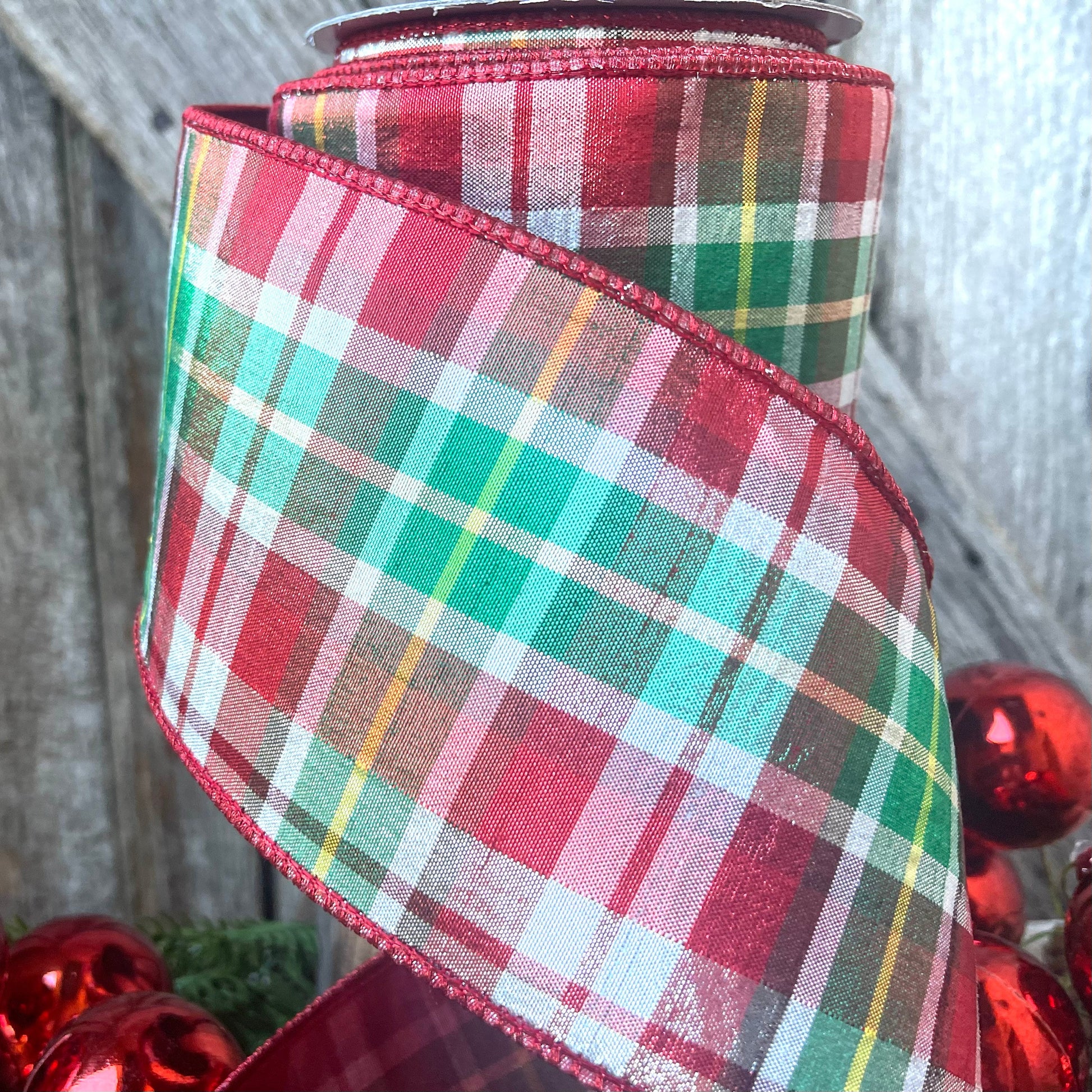 4" Christmas Red Green Candy Plaid Ribbon, Farrisilk Ribbon, Christmas Tree Ribbon