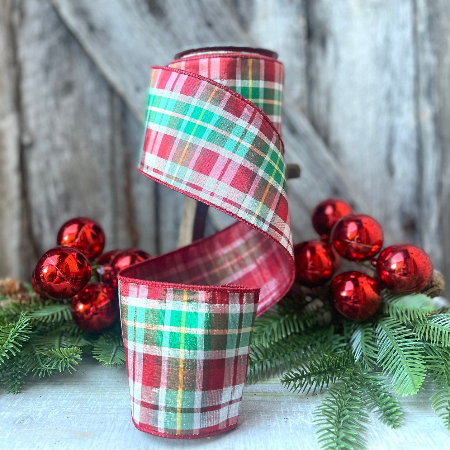 4" Christmas Red Green Candy Plaid Ribbon, Farrisilk Ribbon, Christmas Tree Ribbon