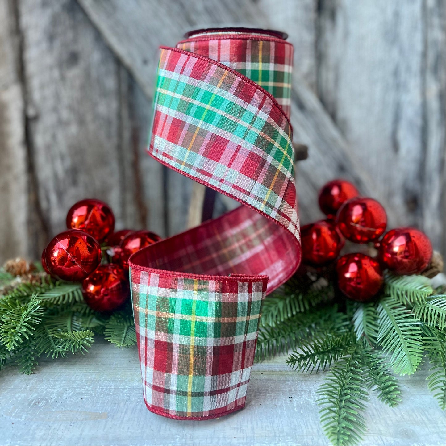 4" Christmas Red Green Candy Plaid Ribbon, Farrisilk Ribbon, Christmas Tree Ribbon