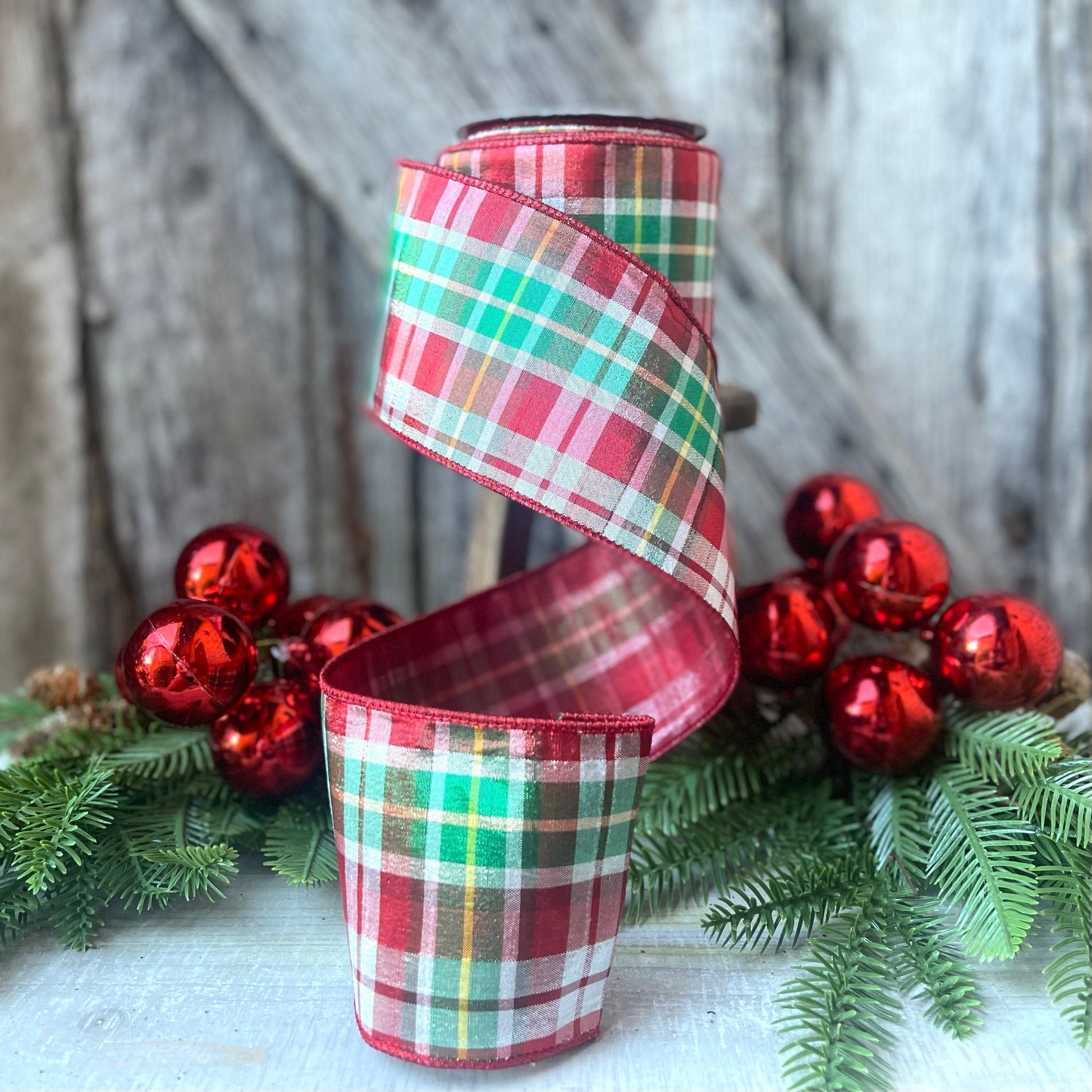 4" Christmas Red Green Candy Plaid Ribbon, Farrisilk Ribbon, Christmas Tree Ribbon