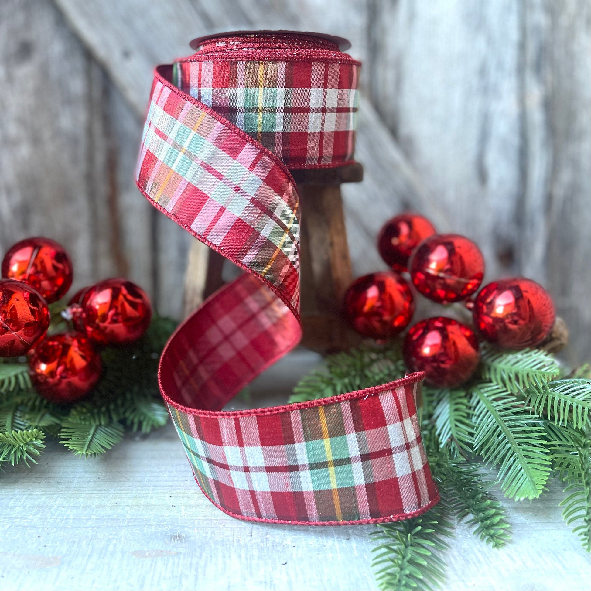 2.5" Christmas Red Green Candy Plaid Ribbon, Farrisilk Ribbon, Christmas Tree Ribbon