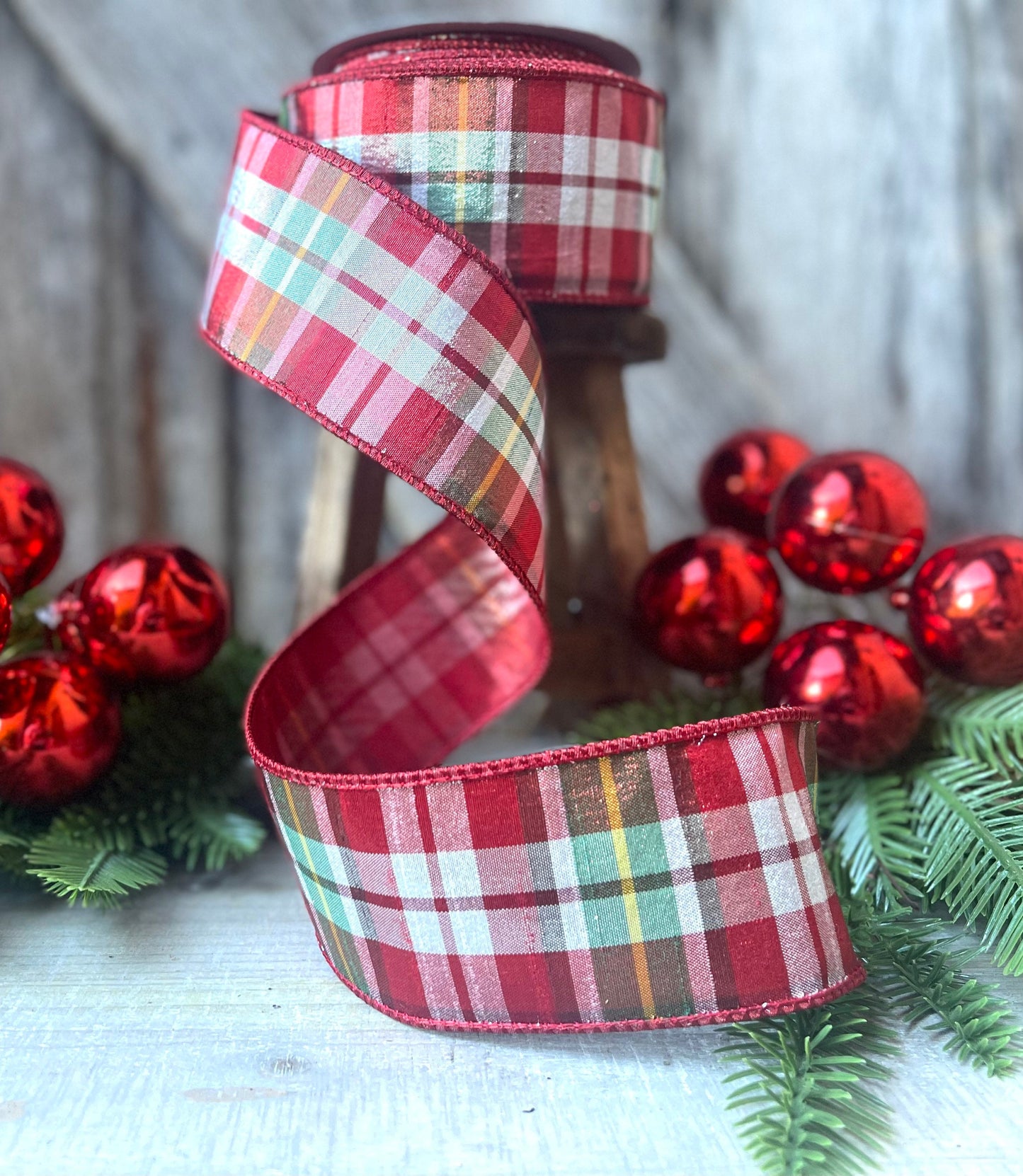 2.5" Christmas Red Green Candy Plaid Ribbon, Farrisilk Ribbon, Christmas Tree Ribbon