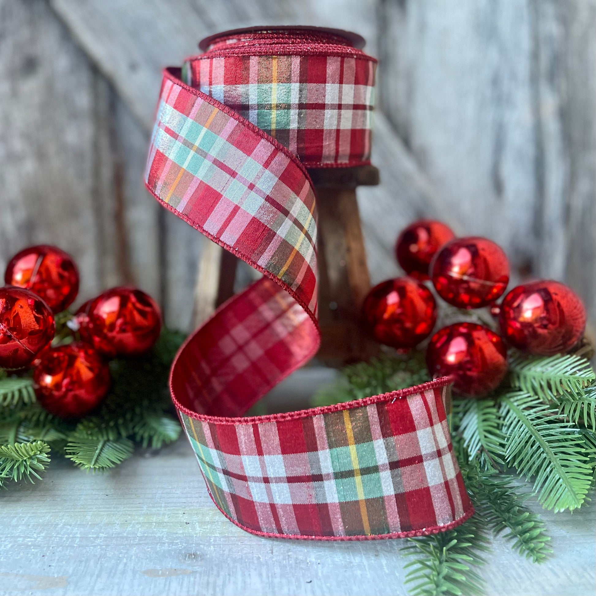 2.5" Christmas Red Green Candy Plaid Ribbon, Farrisilk Ribbon, Christmas Tree Ribbon