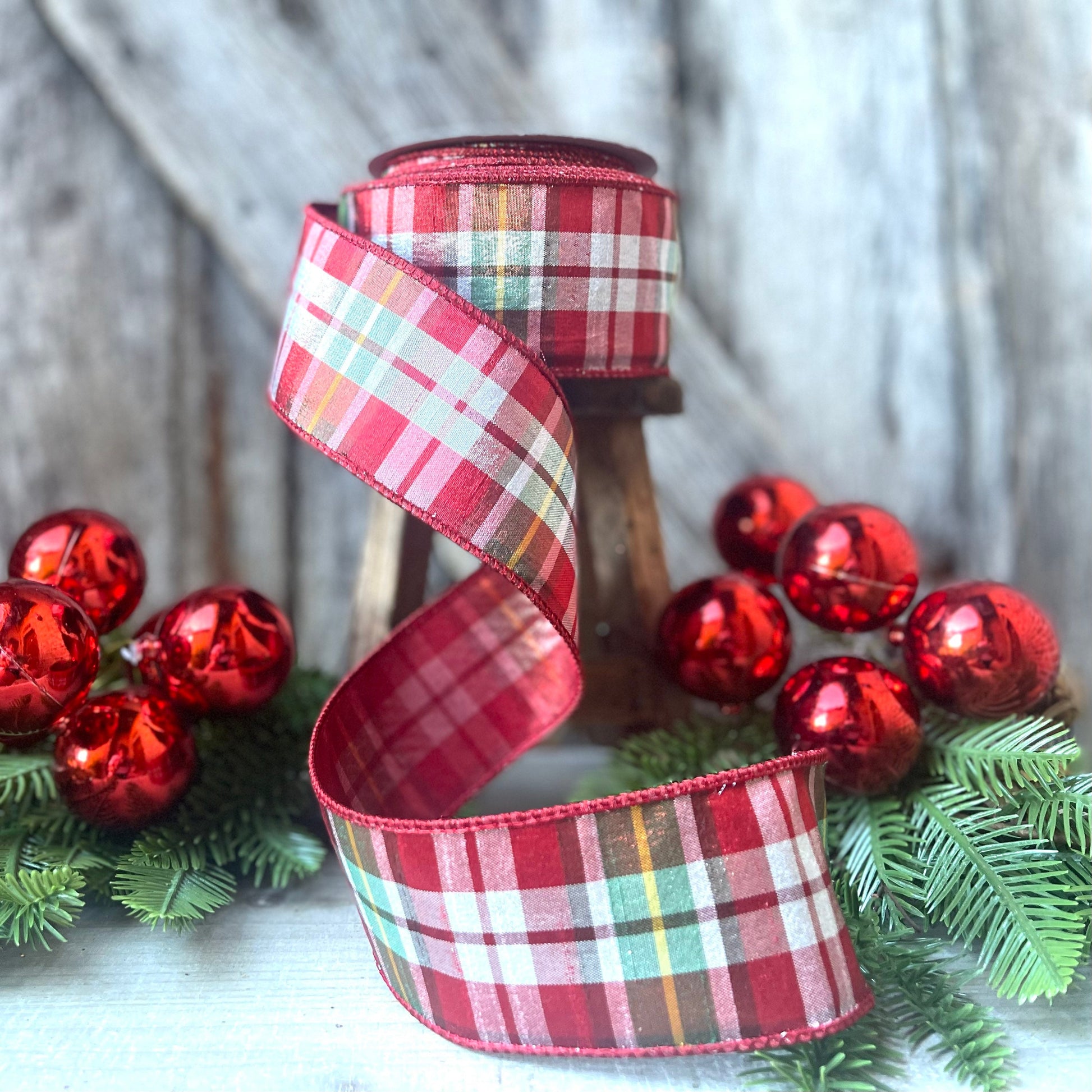 2.5" Christmas Red Green Candy Plaid Ribbon, Farrisilk Ribbon, Christmas Tree Ribbon