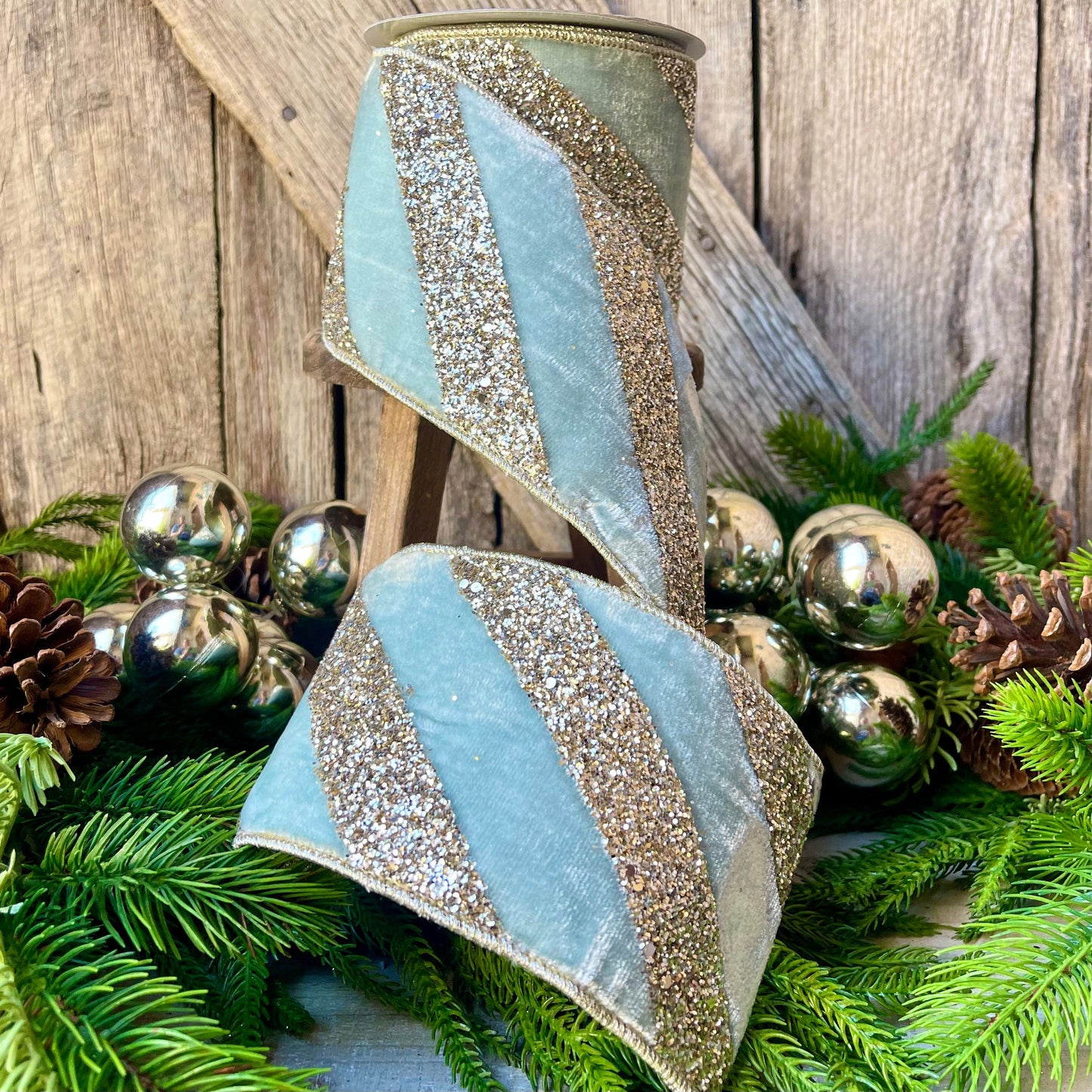 4" Teal Blue Chunky Glitter Diagonal Stripe, Christmas Tree Ribbon, Aqua Blue Ribbon