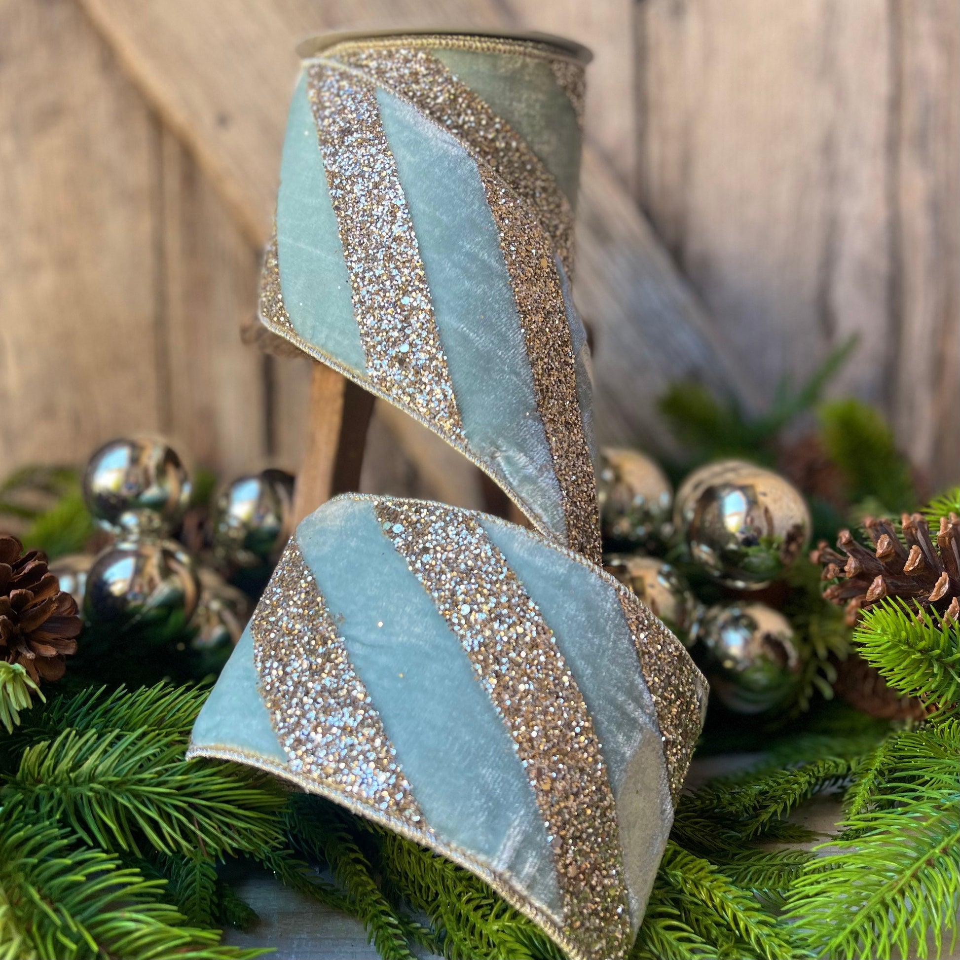 4" Teal Blue Chunky Glitter Diagonal Stripe, Christmas Tree Ribbon, Aqua Blue Ribbon