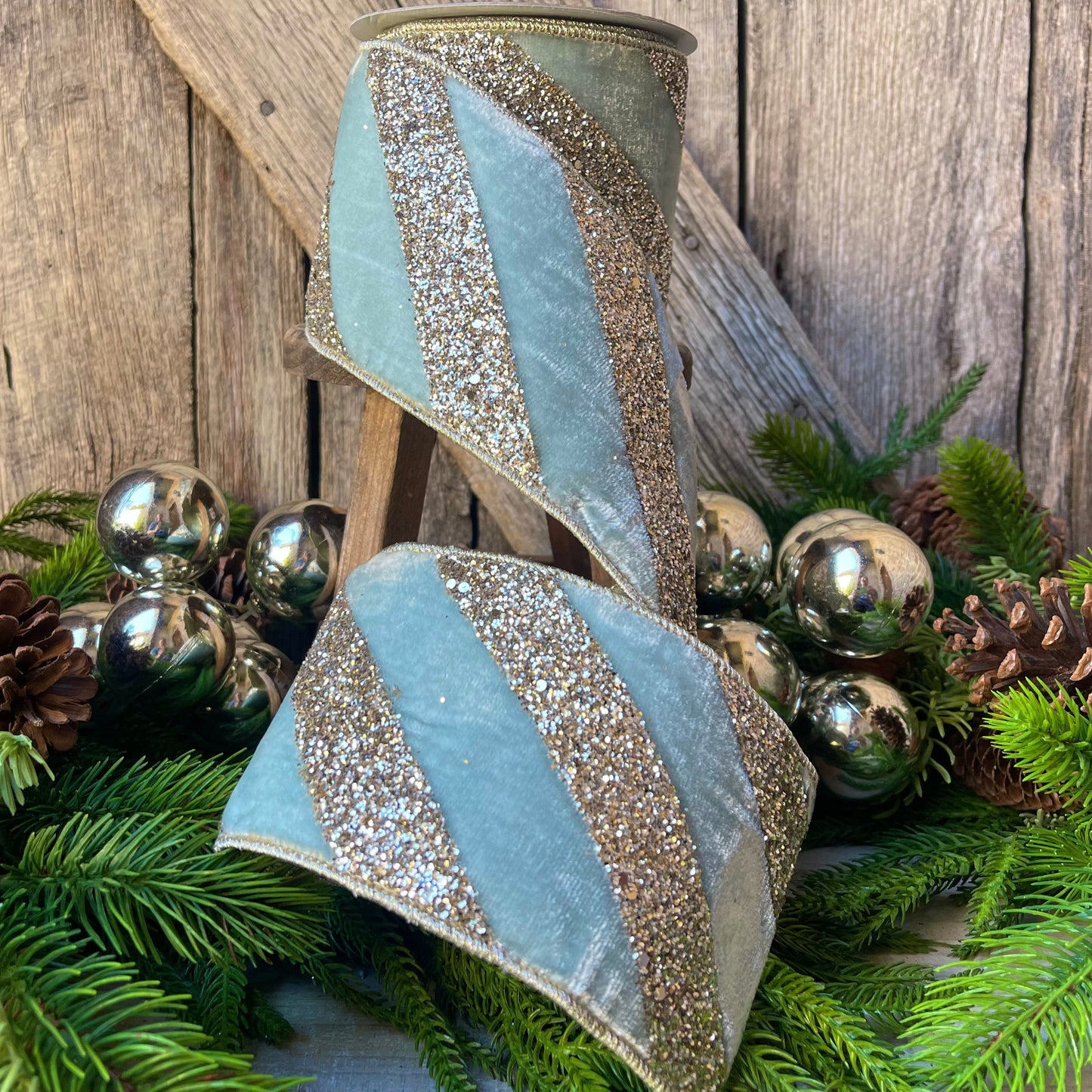 4" Teal Blue Chunky Glitter Diagonal Stripe, Christmas Tree Ribbon, Aqua Blue Ribbon