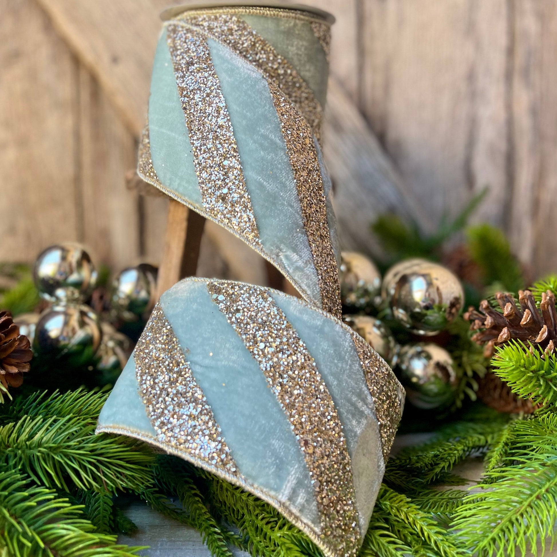 4" Teal Blue Chunky Glitter Diagonal Stripe, Christmas Tree Ribbon, Aqua Blue Ribbon