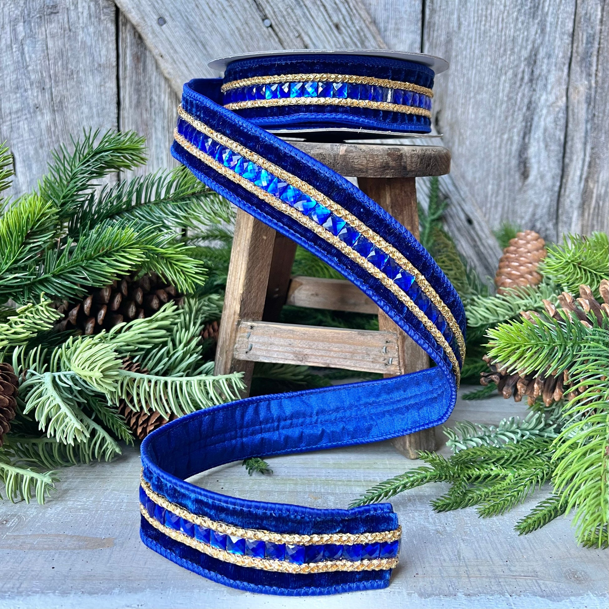 Blue Emeral Cut Gemstones Ribbon, 1.5" Blue velvet jeweled ribbon, Christmas Ribbon