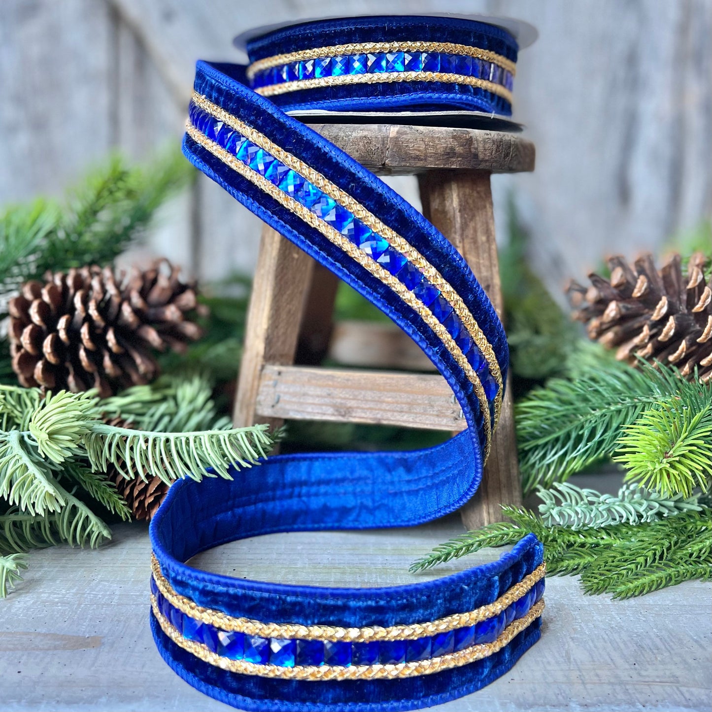 Blue Emeral Cut Gemstones Ribbon, 1.5" Blue velvet jeweled ribbon, Christmas Ribbon