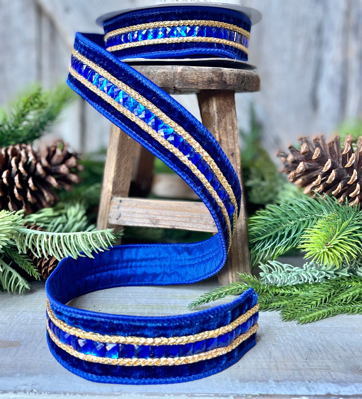 Blue Emeral Cut Gemstones Ribbon, 1.5" Blue velvet jeweled ribbon, Christmas Ribbon