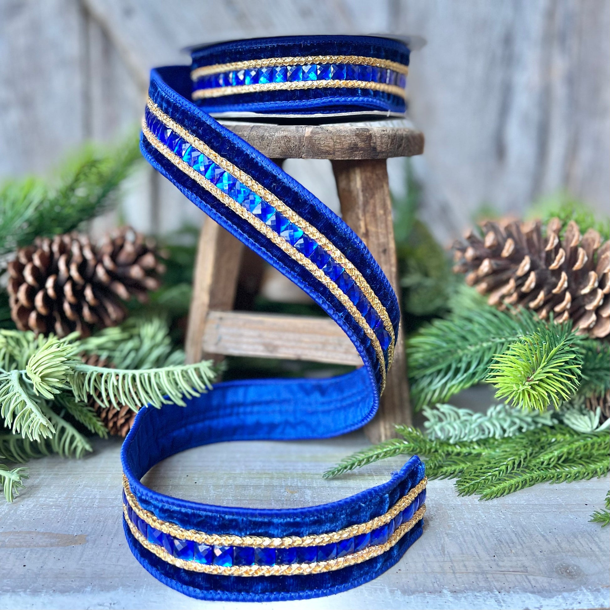 Blue Emeral Cut Gemstones Ribbon, 1.5" Blue velvet jeweled ribbon, Christmas Ribbon