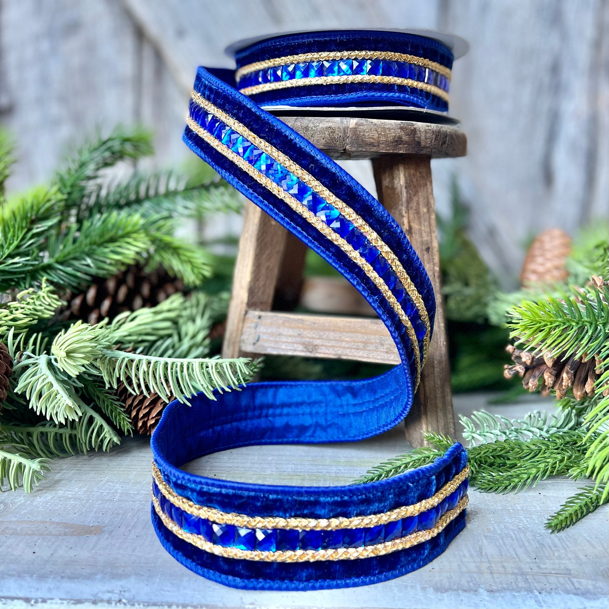 Blue Emeral Cut Gemstones Ribbon, 1.5" Blue velvet jeweled ribbon, Christmas Ribbon