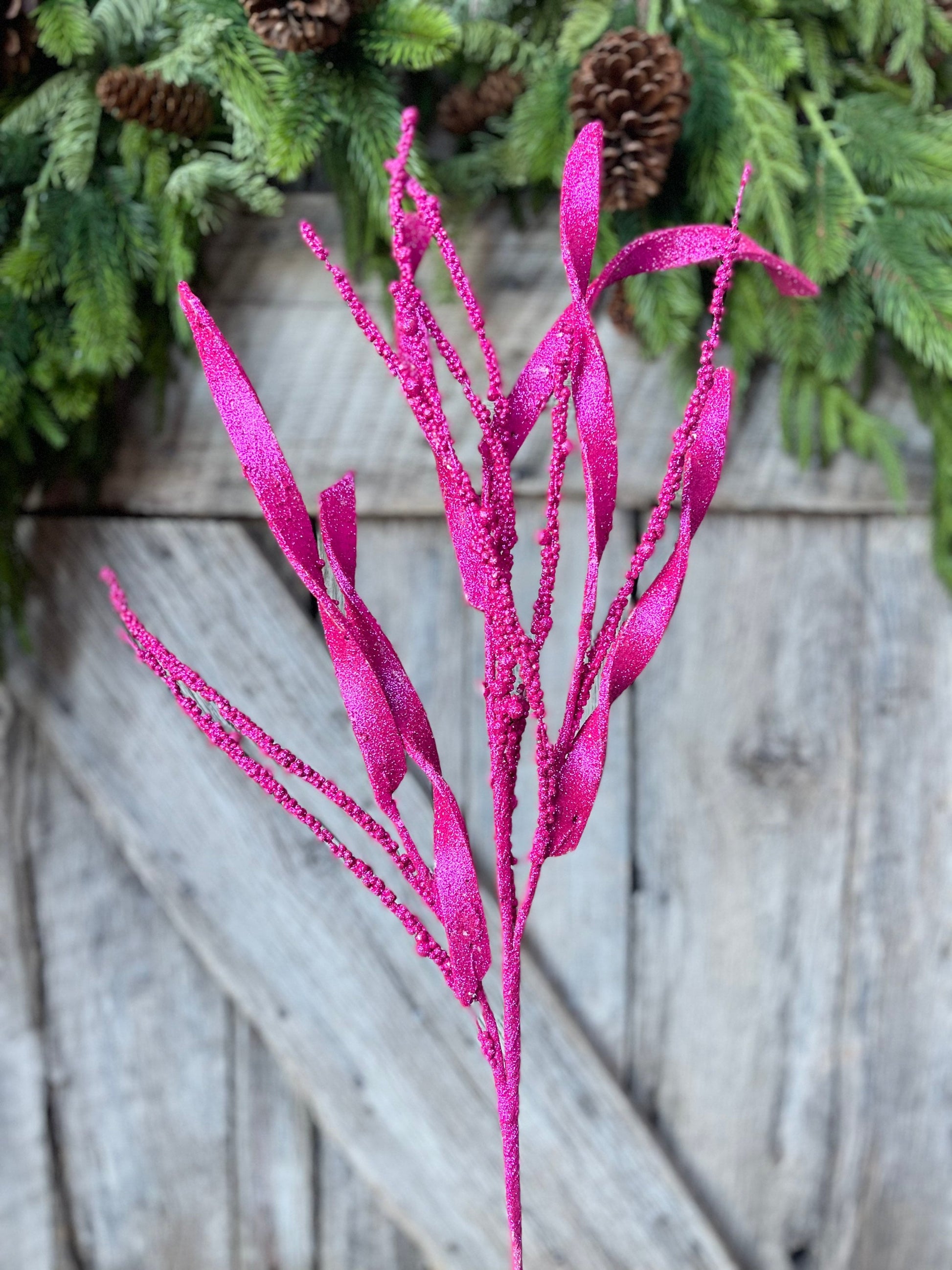 34" Hot Pink Glitter Leaf Christmas Spray, Christmas Leaves Spray