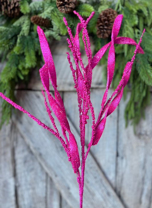 34" Hot Pink Glitter Leaf Christmas Spray, Christmas Leaves Spray