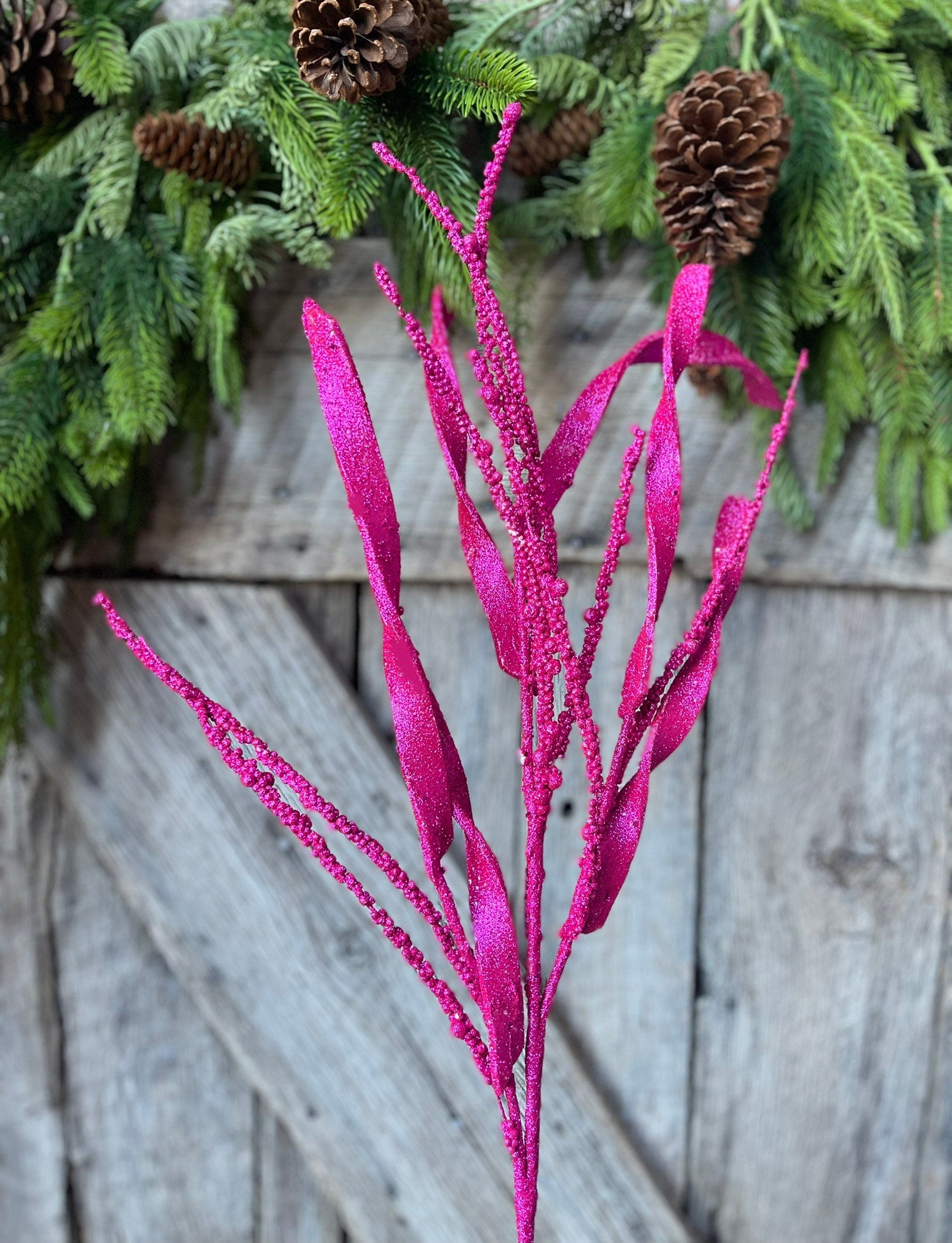 34" Hot Pink Glitter Leaf Christmas Spray, Christmas Leaves Spray