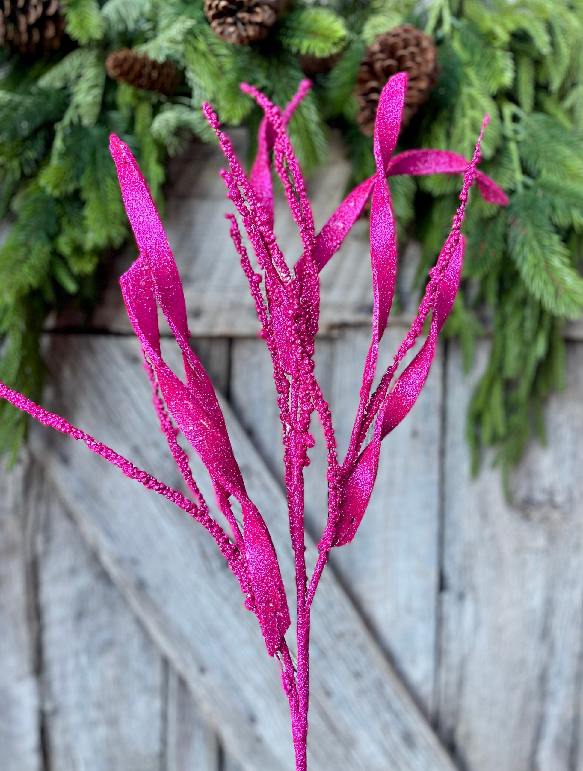 34" Hot Pink Glitter Leaf Christmas Spray, Christmas Leaves Spray