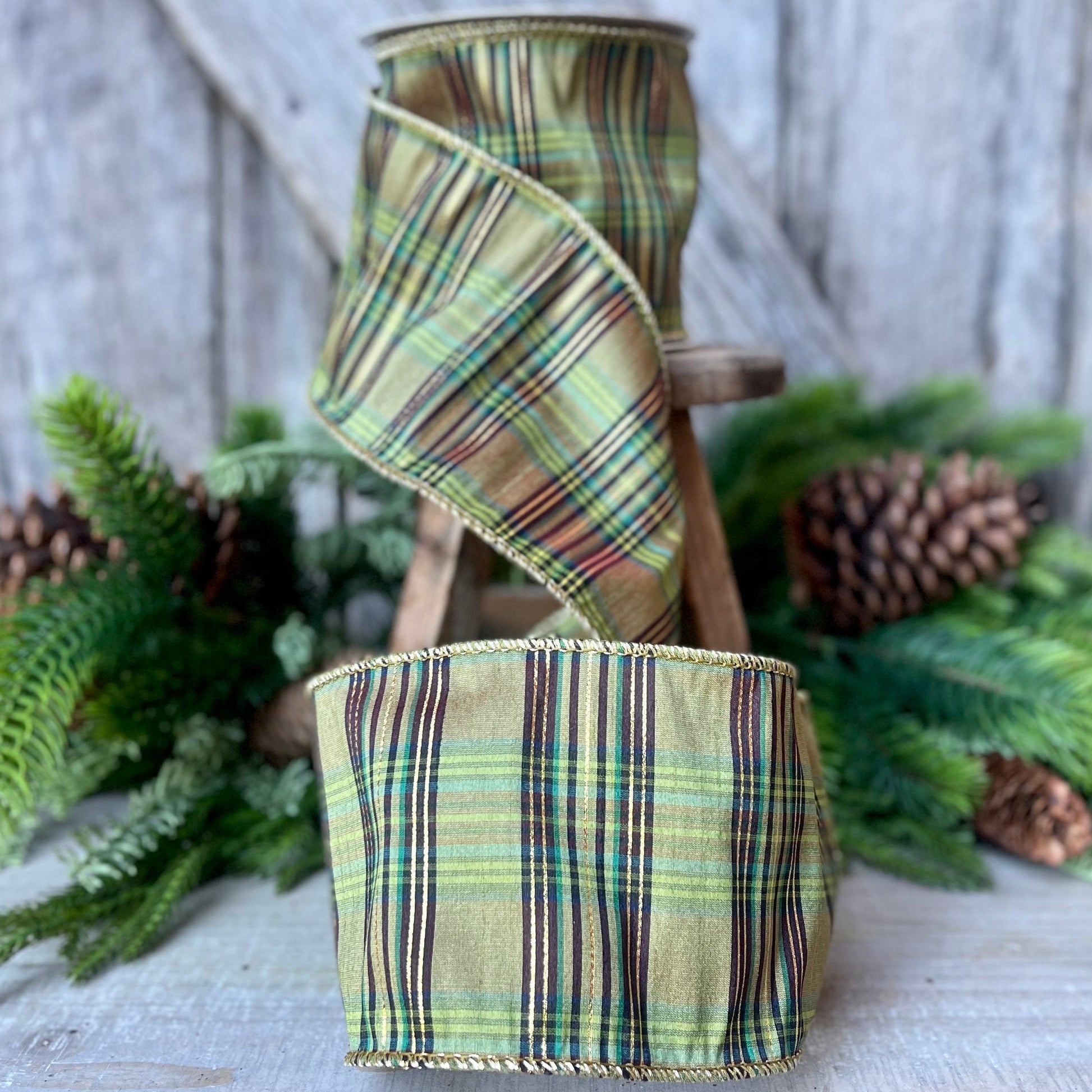 4" Green Moss Christmas Plaid, Woodsy Christmas Ribbon, Christmas Plaid Ribbon, Moss and Gold Plaid, Wired Ribbon, Green Plaid Ribbon