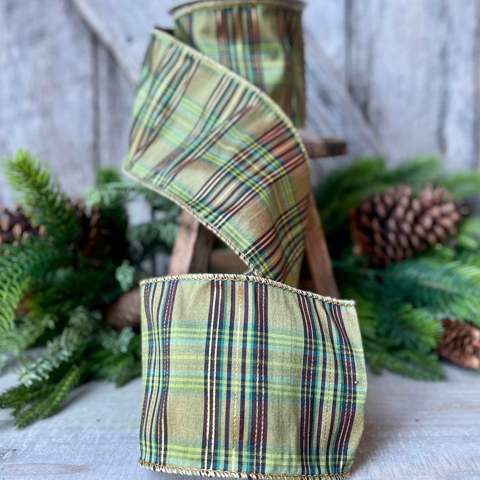 4" Green Moss Christmas Plaid, Woodsy Christmas Ribbon, Christmas Plaid Ribbon, Moss and Gold Plaid, Wired Ribbon, Green Plaid Ribbon