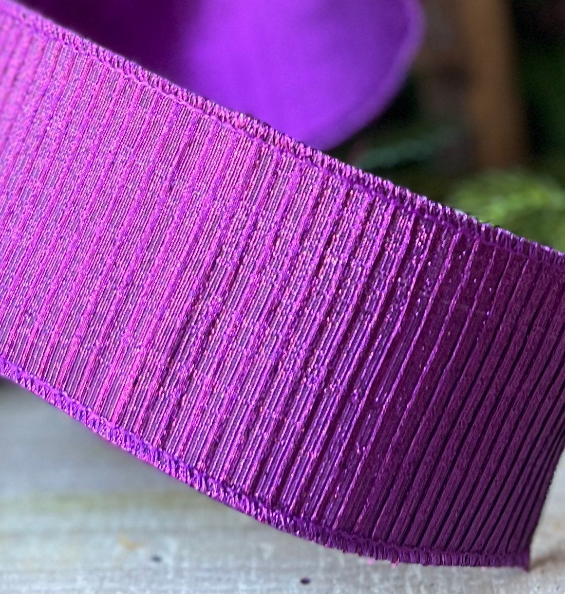 2.5" Purple Pleated Metallic Wired Ribbon, Farrisilk Ribbon, Purple Wired RIbbon