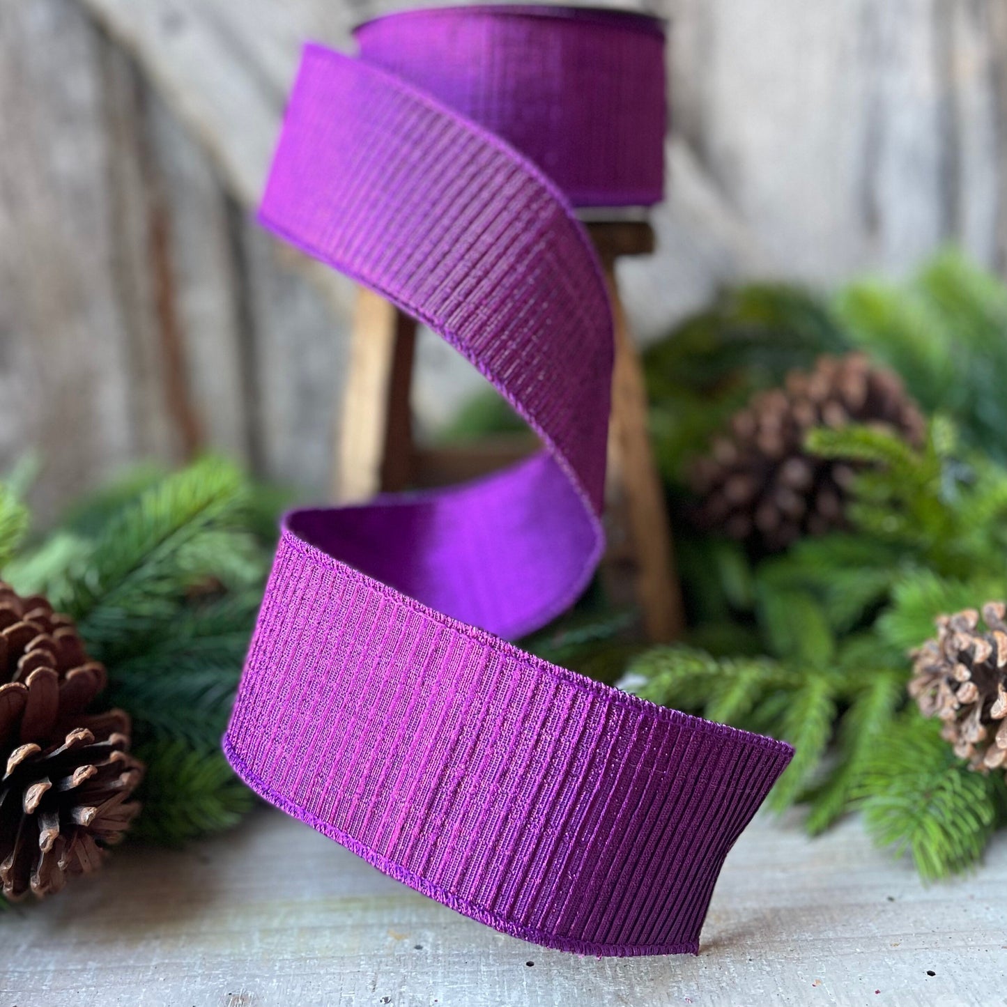 2.5" Purple Pleated Metallic Wired Ribbon, Farrisilk Ribbon, Purple Wired RIbbon