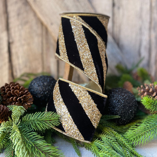 4" Black and Gold Chunky Glitter Diagonal Stripe, Christmas Tree Ribbon