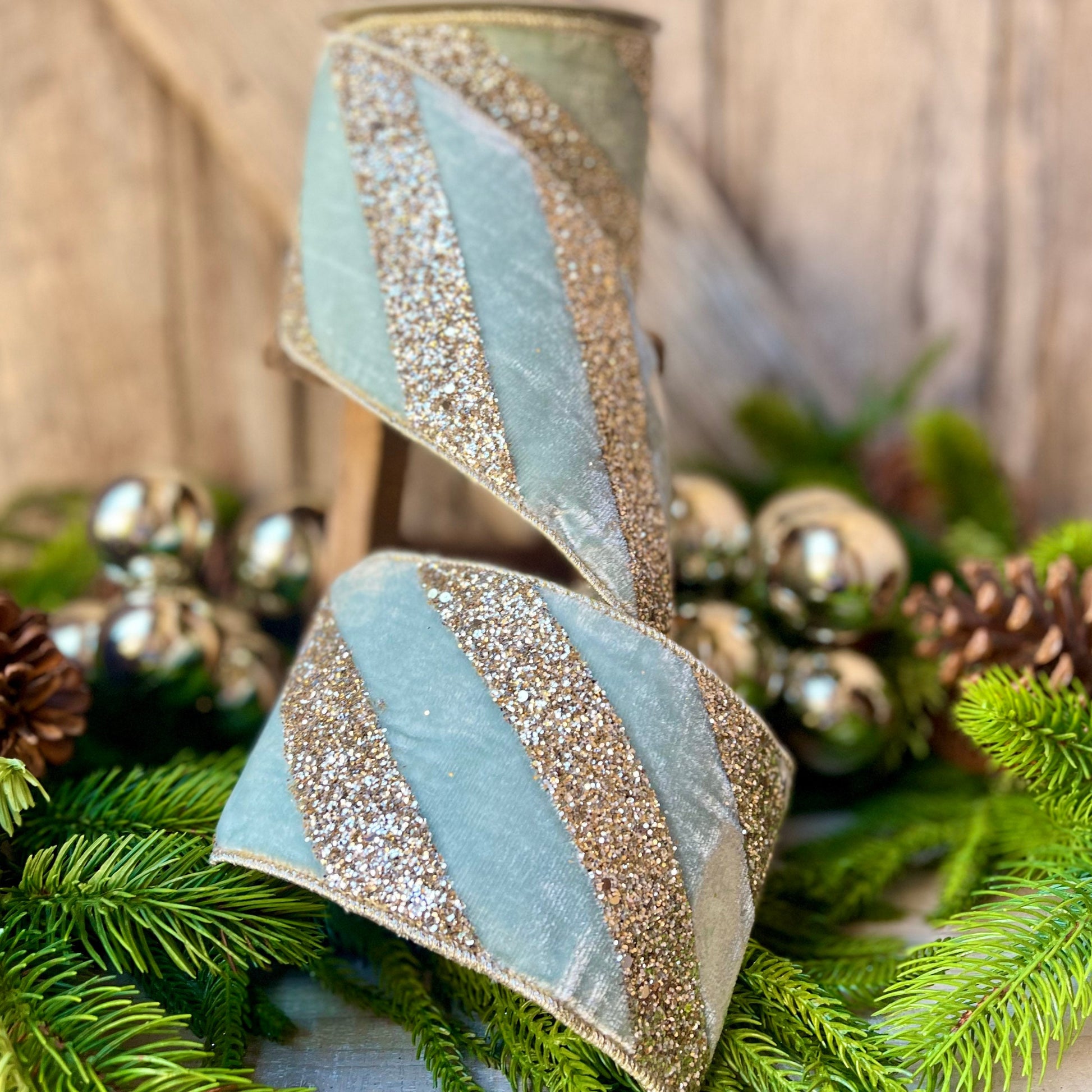 4" Teal Blue Chunky Glitter Diagonal Stripe, Christmas Tree Ribbon, Aqua Blue Ribbon