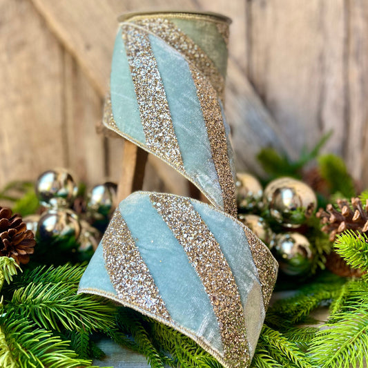 4" Teal Blue Chunky Glitter Diagonal Stripe, Christmas Tree Ribbon