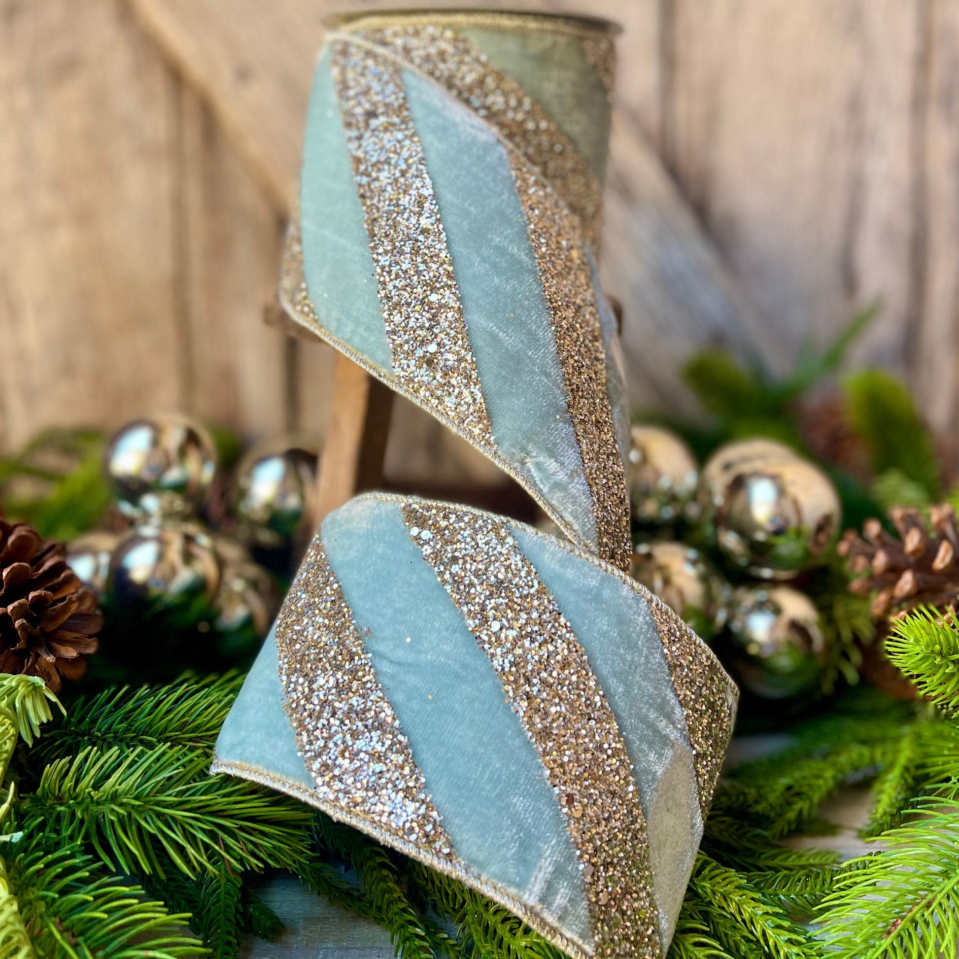 4" Teal Blue Chunky Glitter Diagonal Stripe, Christmas Tree Ribbon, Aqua Blue Ribbon