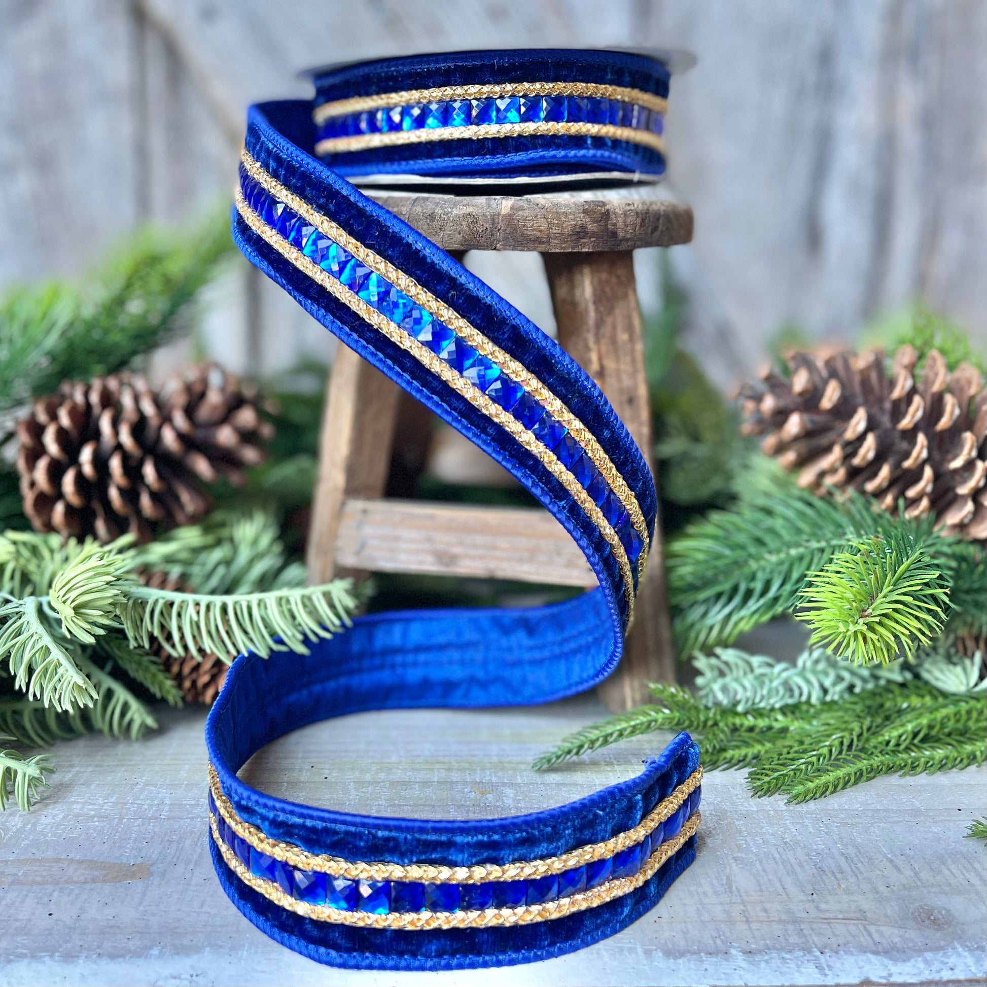 Blue Emeral Cut Gemstones Ribbon, 1.5" Blue velvet jeweled ribbon, Christmas Ribbon