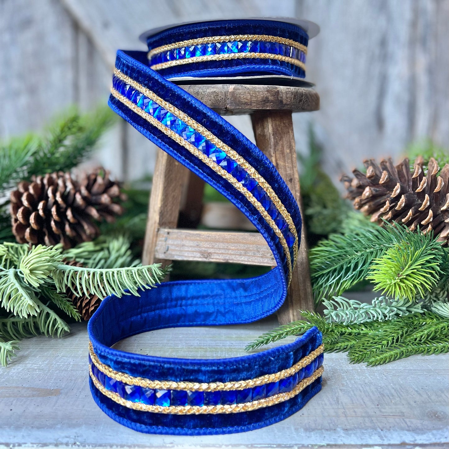 Blue Emeral Cut Gemstones Ribbon, 1.5" Blue velvet jeweled ribbon, Christmas Ribbon