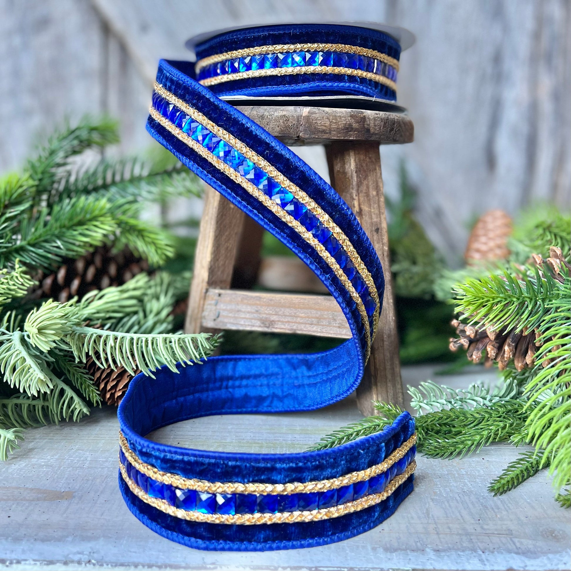 Blue Emeral Cut Gemstones Ribbon, 1.5" Blue velvet jeweled ribbon, Christmas Ribbon