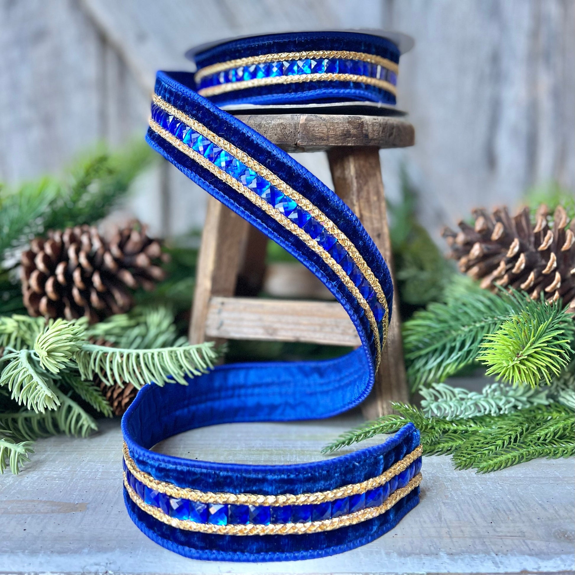 Blue Emeral Cut Gemstones Ribbon, 1.5" Blue velvet jeweled ribbon, Christmas Ribbon