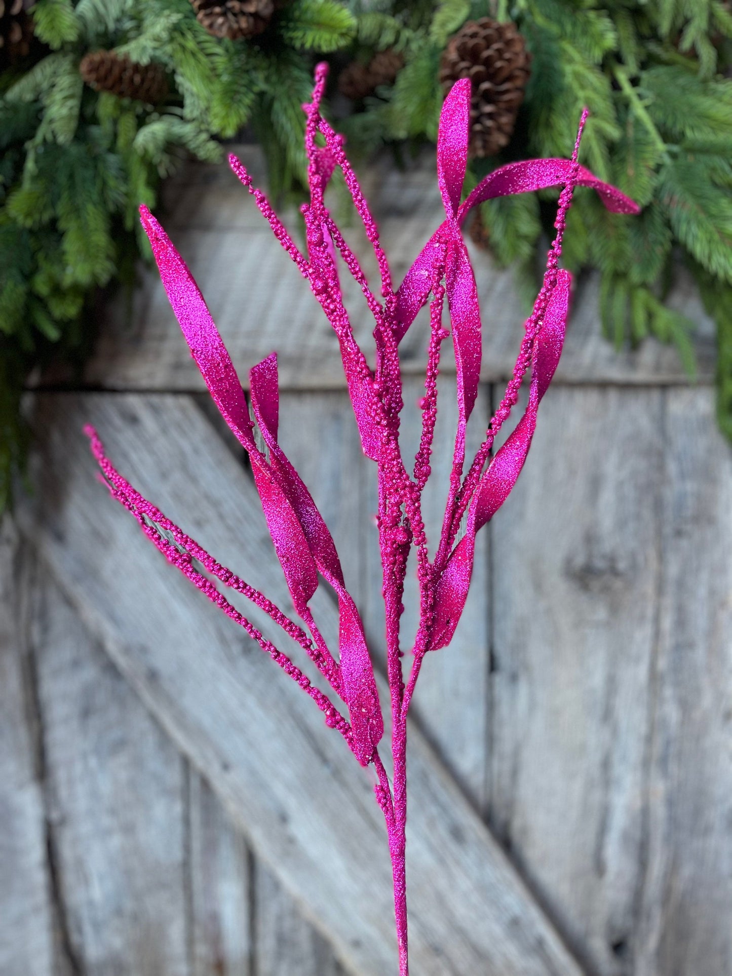 34" Hot Pink Glitter Leaf Christmas Spray, Christmas Leaves Spray