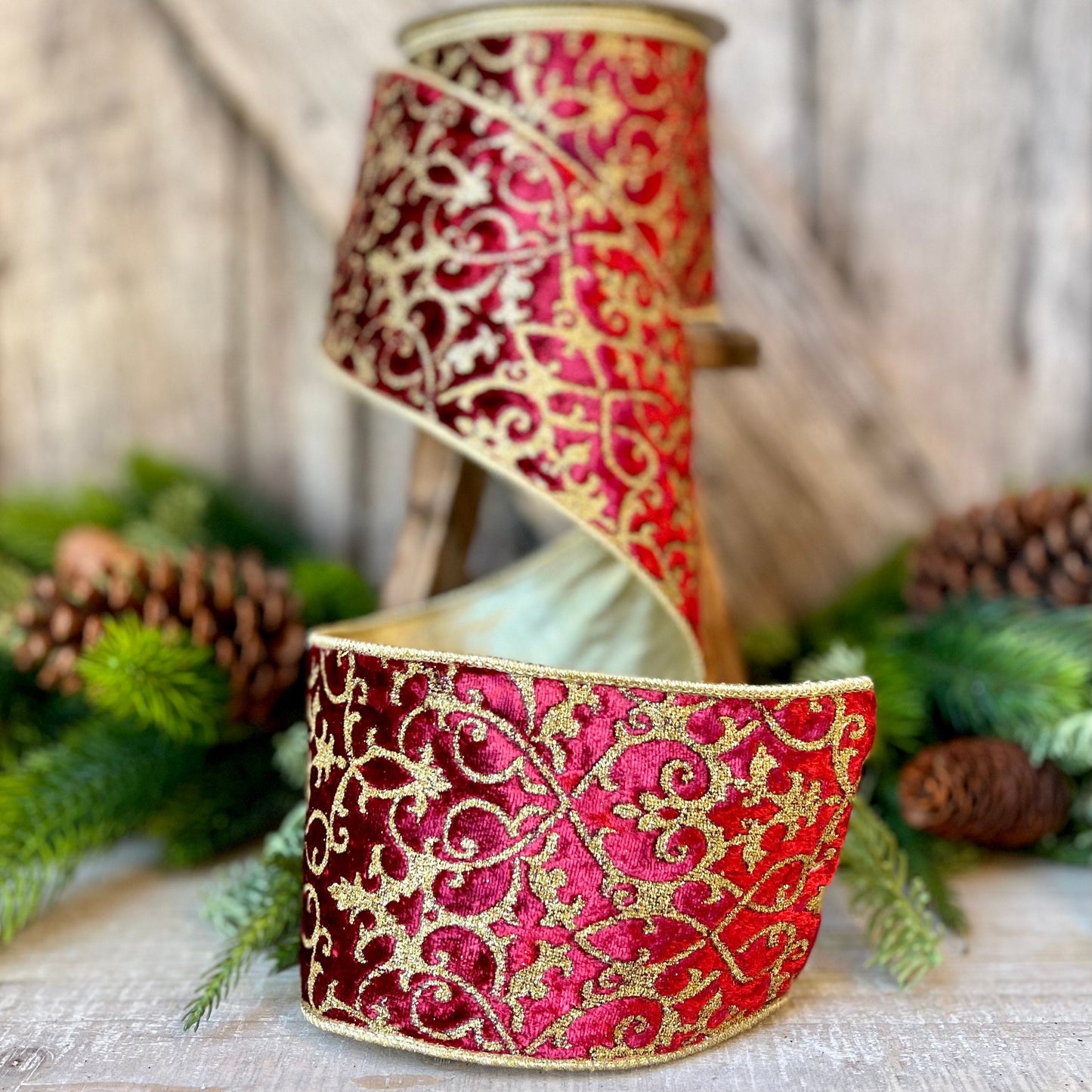 4" Farrisilk Burgundy MINI ACANTHUS Wired Ribbon, Burugundy Gold Christmas Ribbon