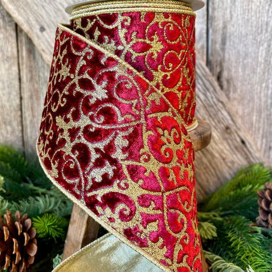 4" Farrisilk Burgundy MINI ACANTHUS Wired Ribbon, Burugundy Gold Christmas Ribbon