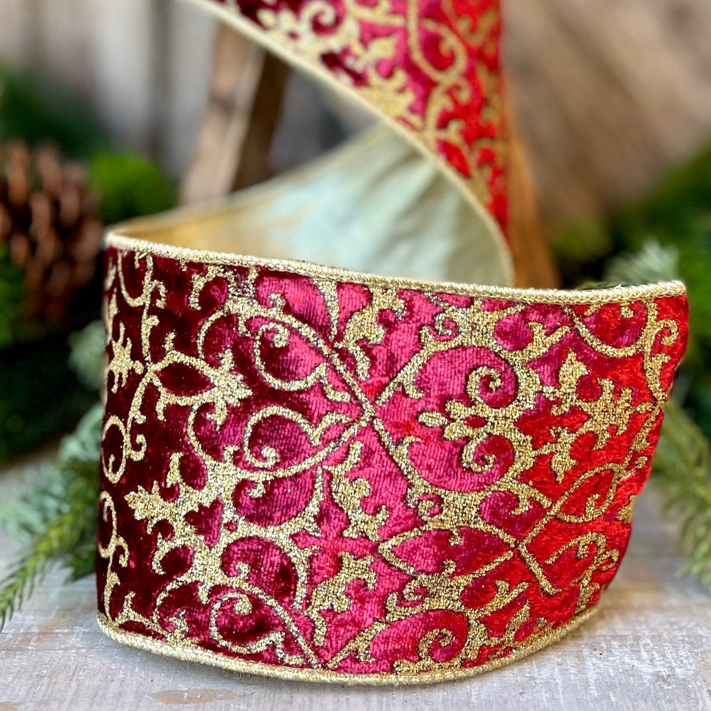 4" Farrisilk Burgundy MINI ACANTHUS Wired Ribbon, Burugundy Gold Christmas Ribbon