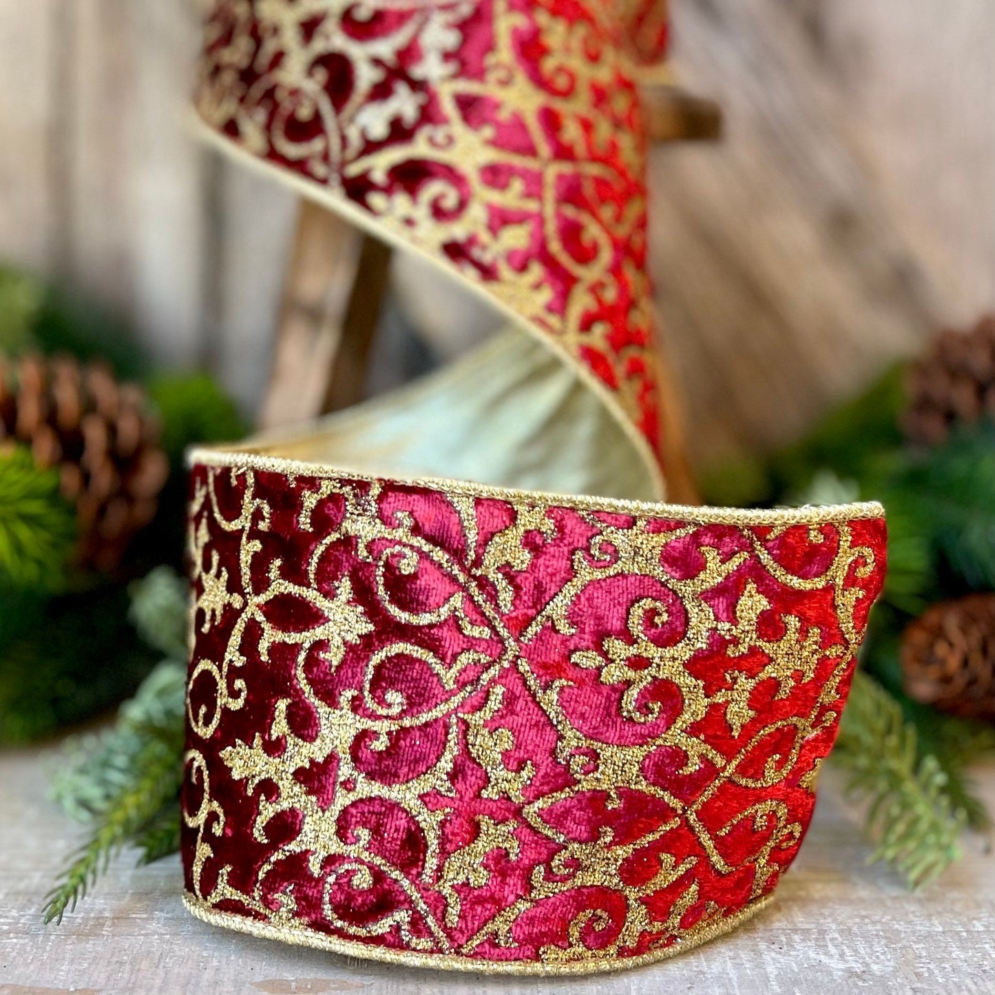 4" Farrisilk Burgundy MINI ACANTHUS Wired Ribbon, Burugundy Gold Christmas Ribbon