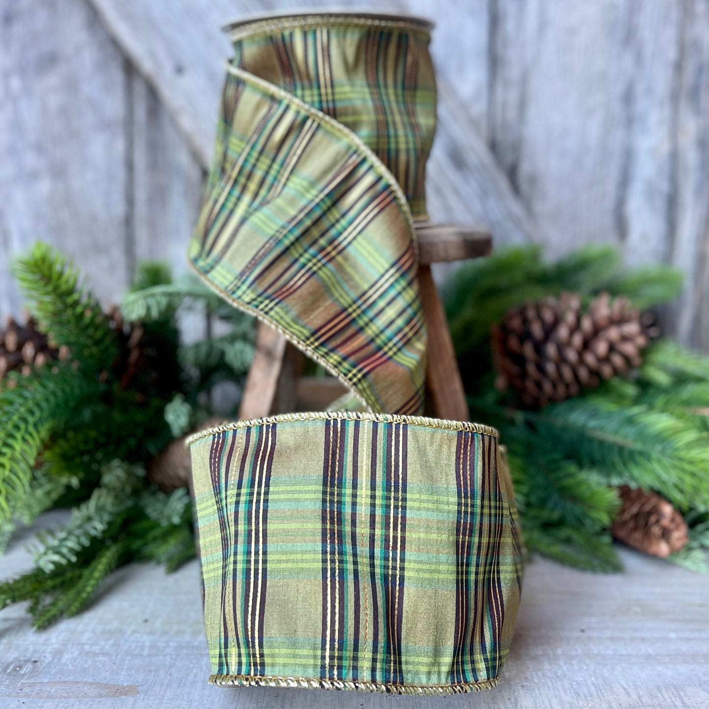 4" Green Moss Christmas Plaid, Woodsy Christmas Ribbon, Christmas Plaid Ribbon, Moss and Gold Plaid, Wired Ribbon, Green Plaid Ribbon