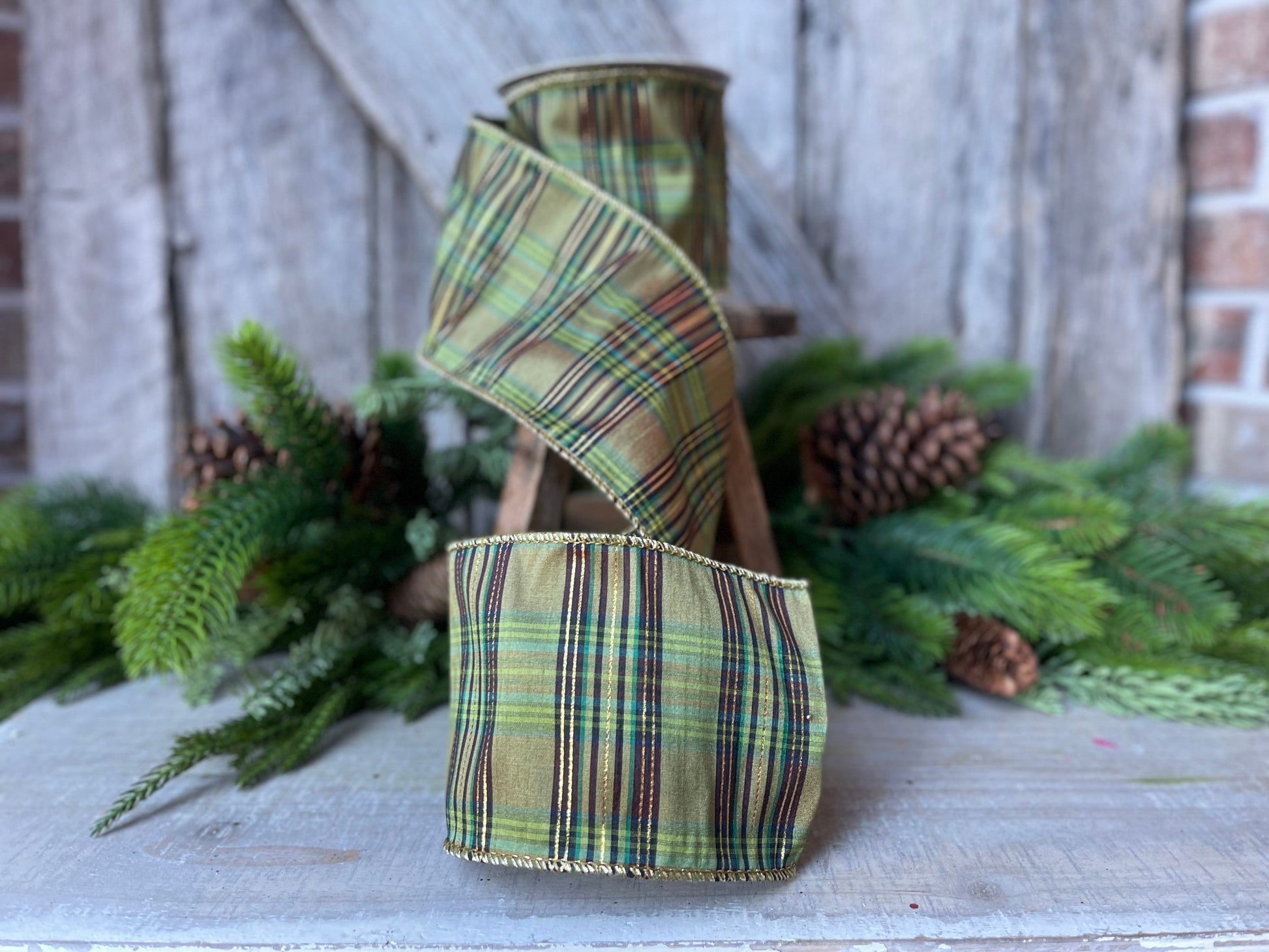 4" Green Moss Christmas Plaid, Woodsy Christmas Ribbon, Christmas Plaid Ribbon, Moss and Gold Plaid, Wired Ribbon, Green Plaid Ribbon