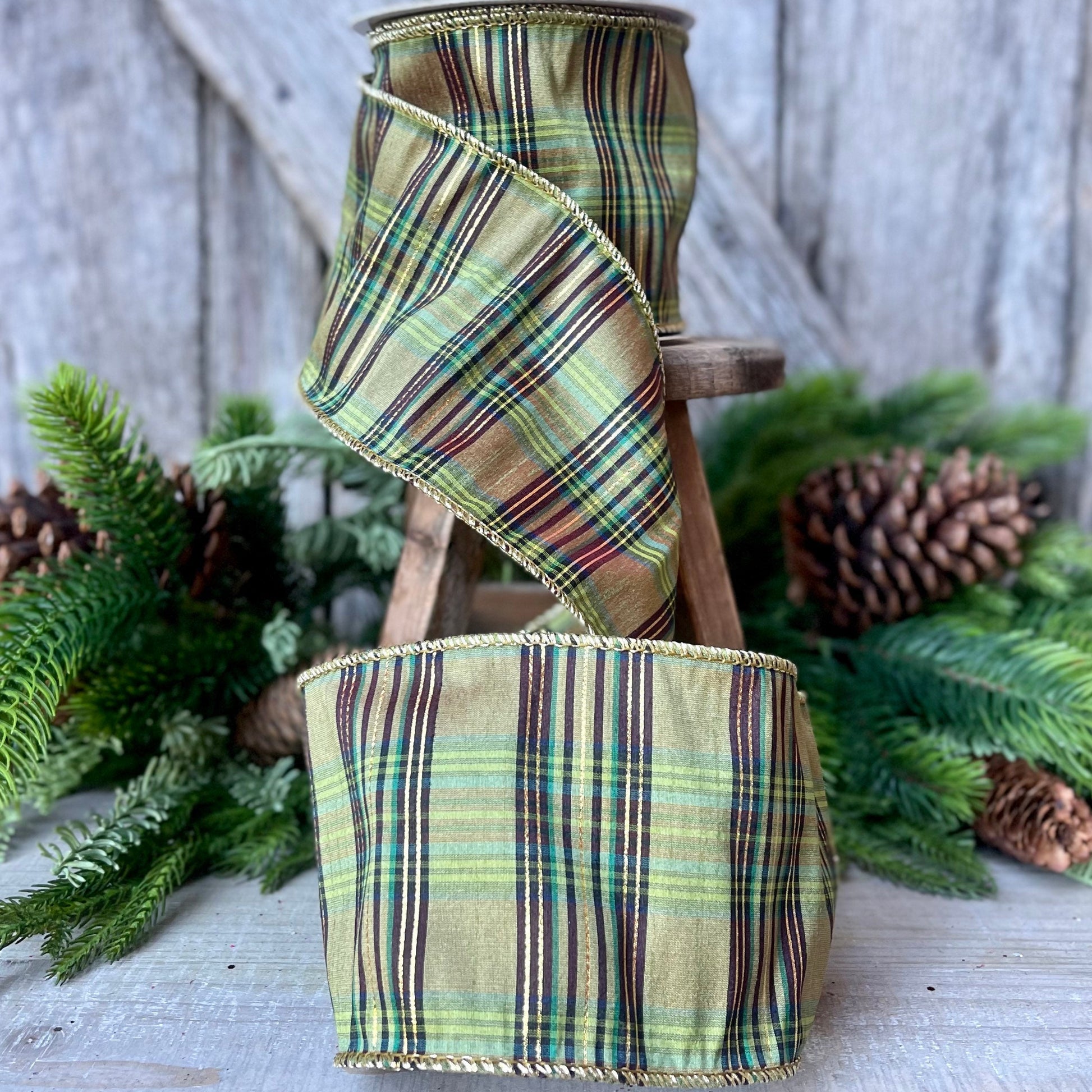 4" Green Moss Christmas Plaid, Woodsy Christmas Ribbon, Christmas Plaid Ribbon, Moss and Gold Plaid, Wired Ribbon, Green Plaid Ribbon