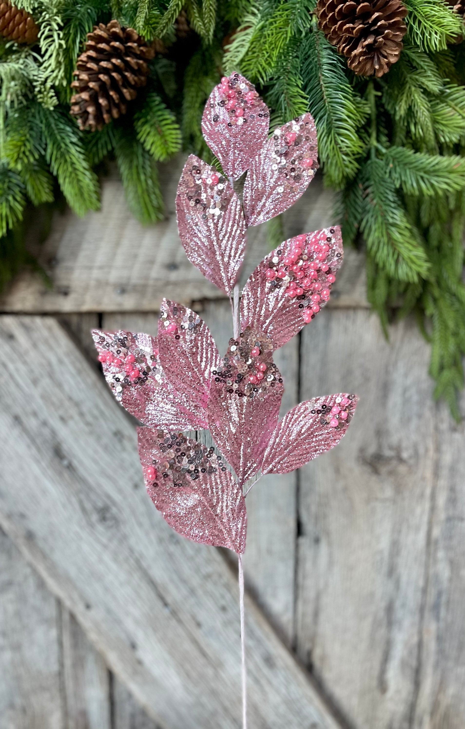 29" Pink Glitter Leaf Spray, Christmas Spray, Christmas Tree Spray, Christmas Picks & Stems